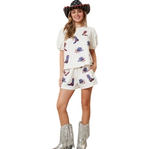 NWT Peach Love Sequin Boot Scootin 4th Of July USA Puff Sleeve Top M - Picture 9 of 9